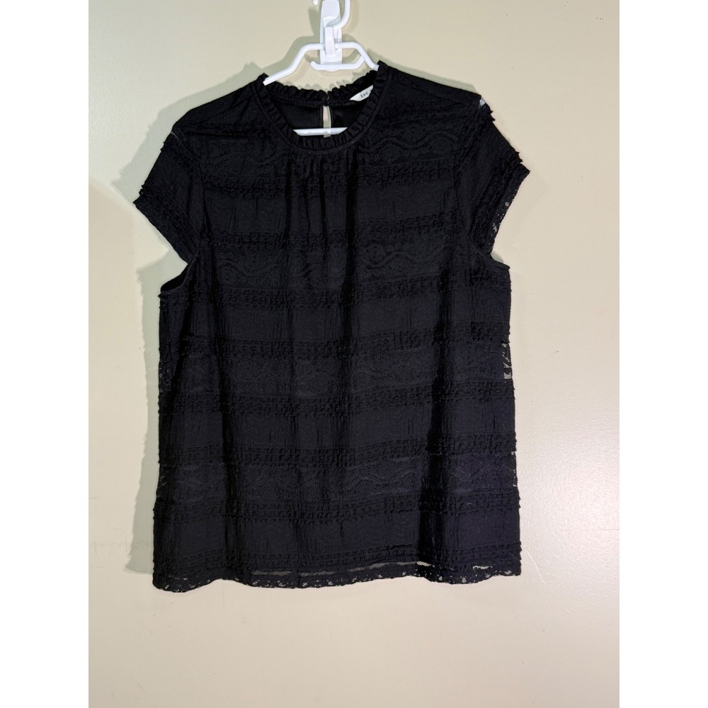 Zac & Rachel Black Lace Ruffle Neck Keyhole Back Blouse XL RN103215